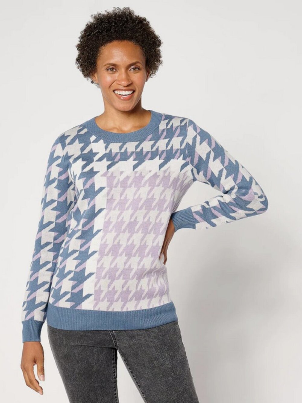 Denim & Co Houndstooth Placed Jacquard Sweater Smokey Blue Size 1X, 4X
